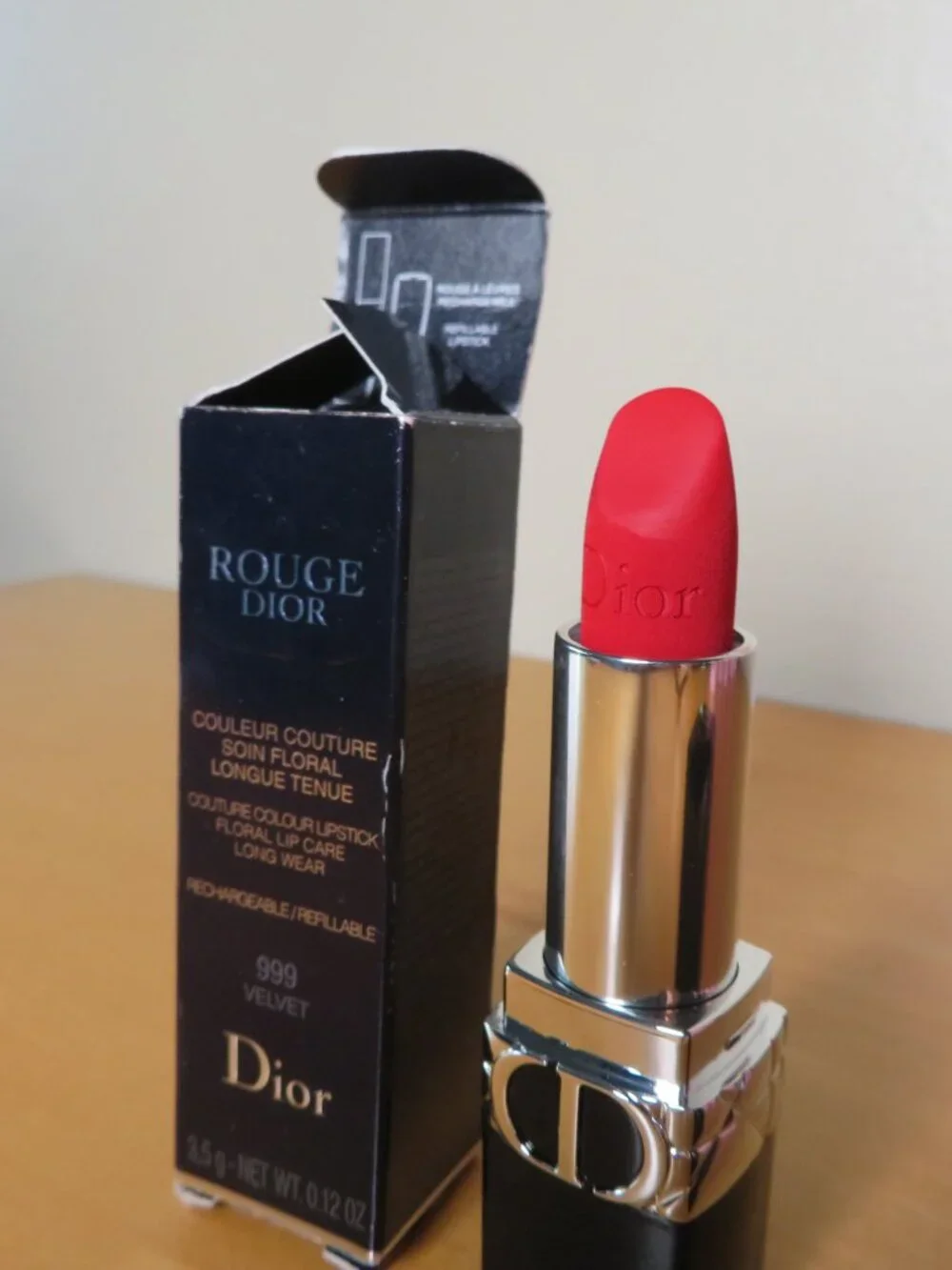 Rouge Dior 999 Velvet Red Lipstick (Swatched) Refillable Tube